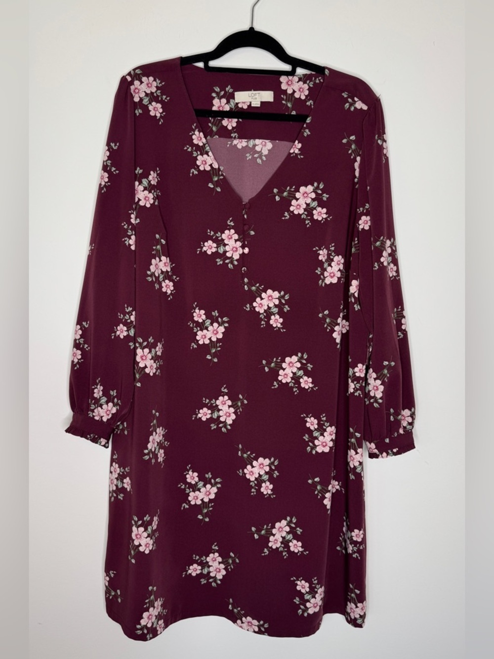LOFT Burgundy Long Sleeve Floral V-Neck Dress with Pink Blooms